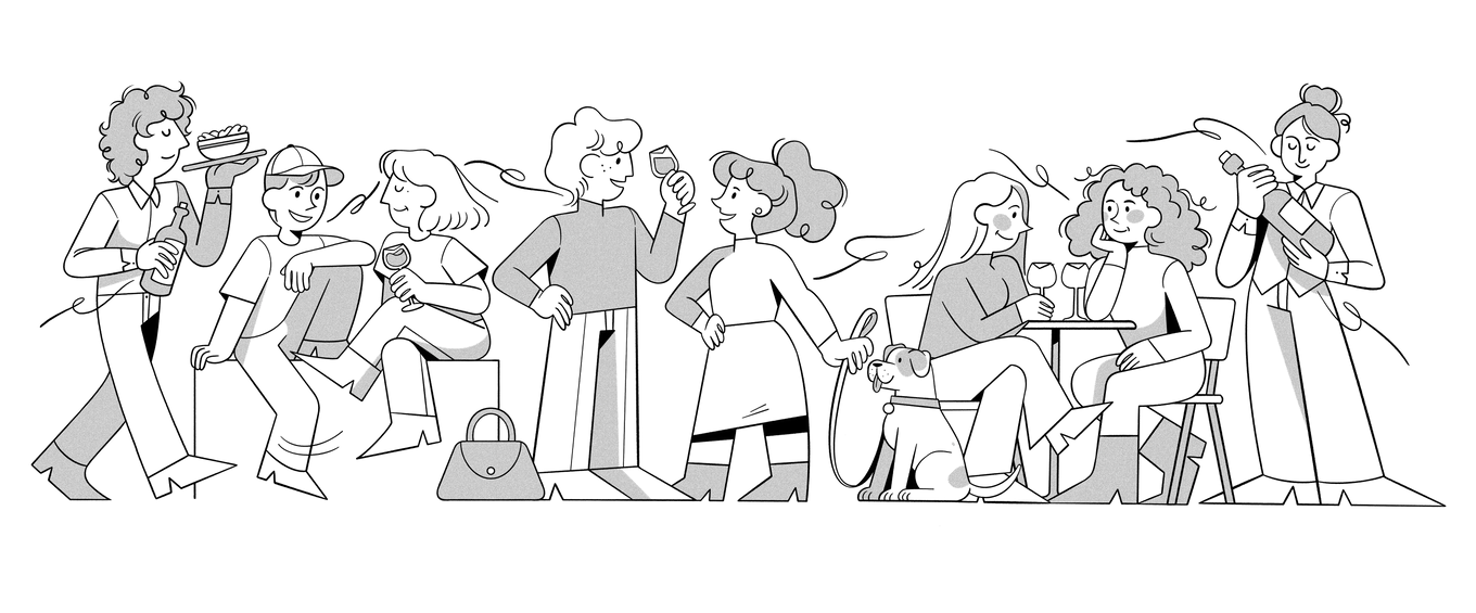 Illustration of people drinking and eating food.
